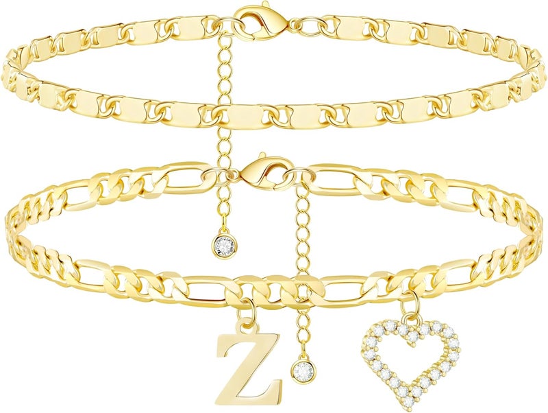 Wremily Initial Ankle Bracelets for Women Waterproof 14K Gold Plated Dainty Layered Figaro Chain Letter Initial CZ Heart Ankle Bracelets Set Summer Beach Jewelry for Women - Image 1